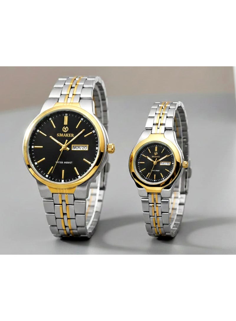 SMAKER Luxury Couple Watch Set - Men's and Women's Wristwatches with Day and Date Indicator, Water Resistant, Classic Stainless Steel Design - Image 1